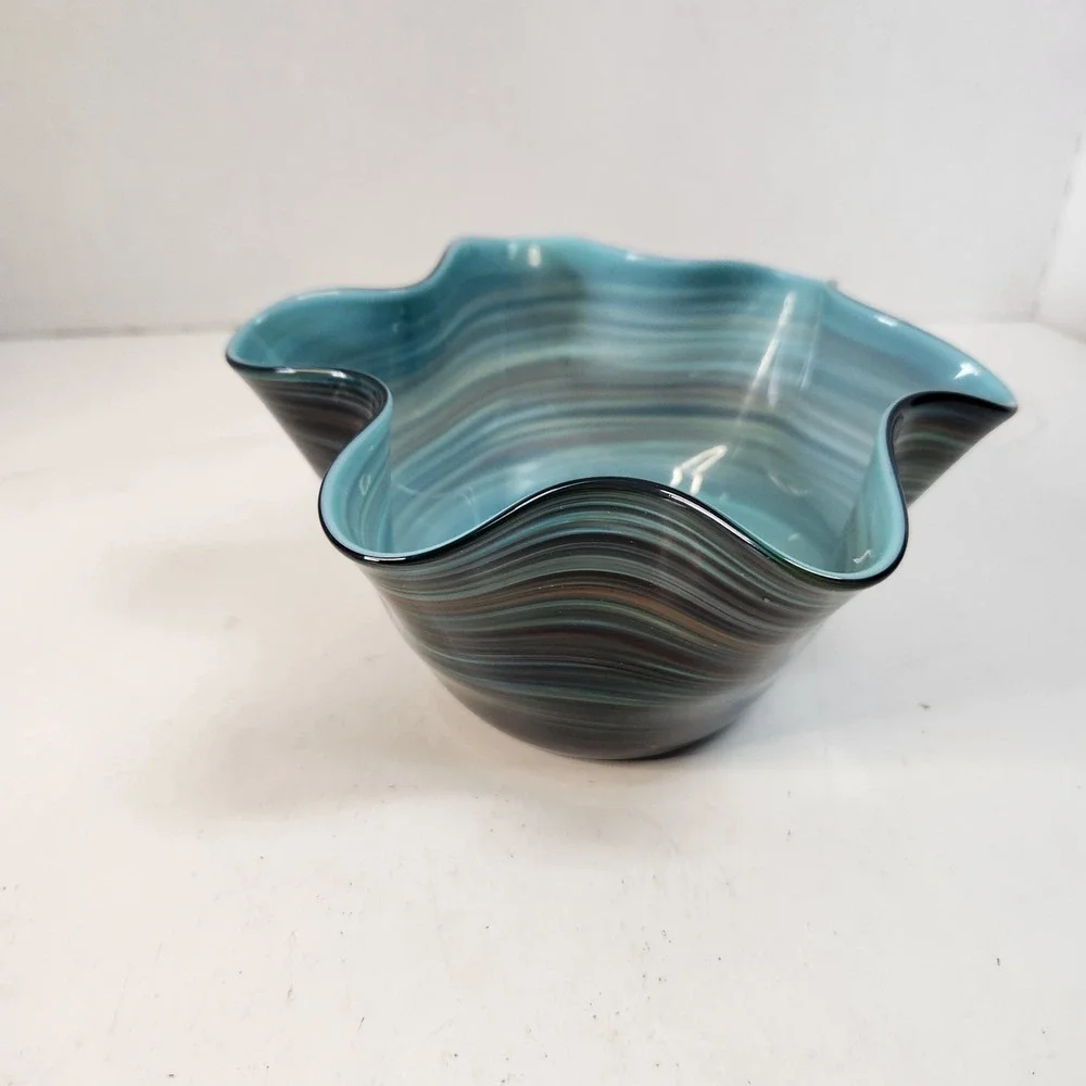 Vintage 3 Pc Murano-Style Art Glass Handkerchief Bowl Set Blue-Green Swirl Read